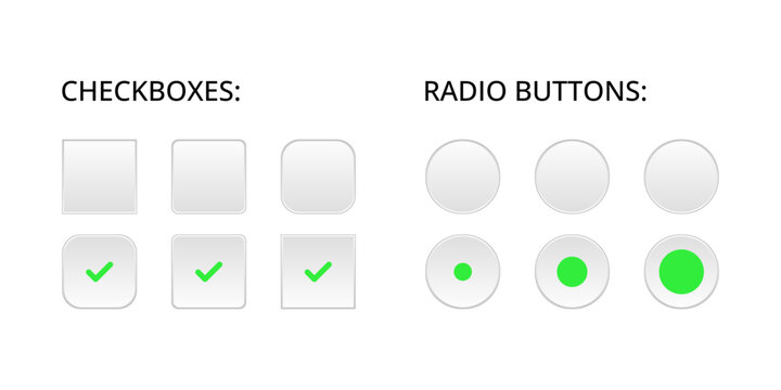 Set of checkboxes and radio buttons. Collection of checked and unchecked boxes, selected and unselected option buttons for forms, surveys and user interface design. UI elements for web and mobile apps