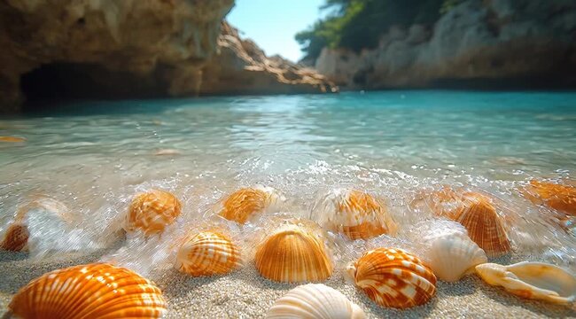 Seashells on Sandy Beach with Clear Blue Ocean Water