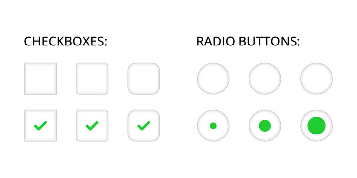 Set of checkboxes and radio buttons. Collection of checked and unchecked boxes, selected and unselected option buttons for forms, surveys and user interface design. UI elements for web and mobile apps