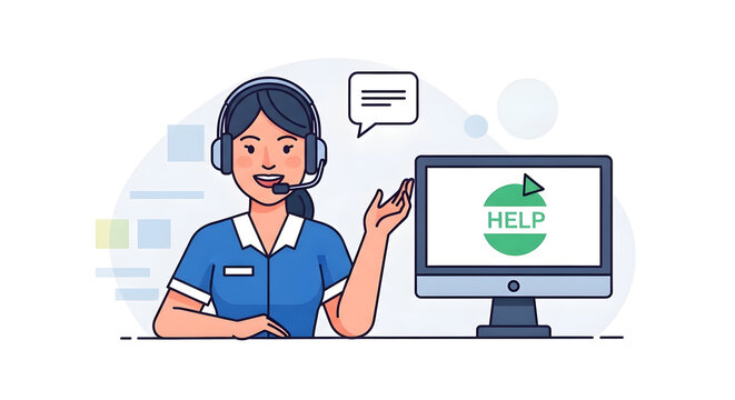 Customer Support Representative with Headset and Computer.