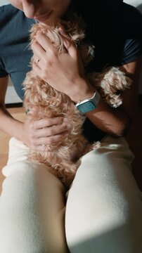 Tranquil setting with woman tenderly petting small puppy in sunlight