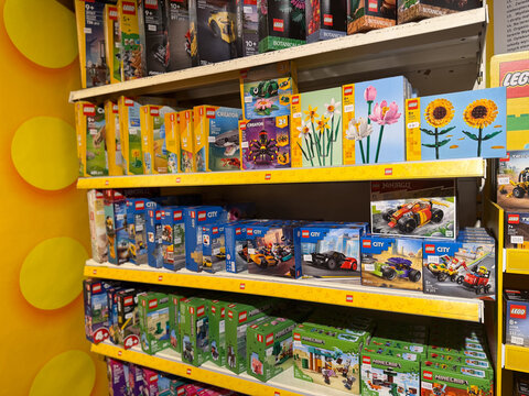 Colorful lego sets on store shelves