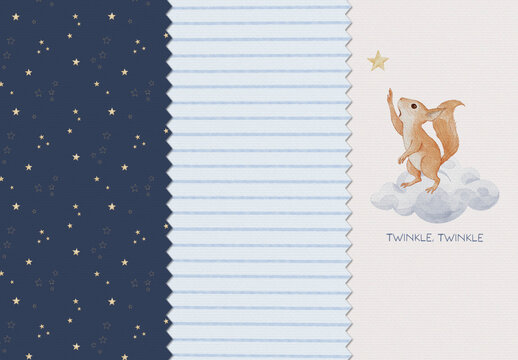 Watercolor night sky seamless pattern set with cute squirrel and stars, editable psdt template. Nursery wallpaper background with stripe pattern and isolated illustration