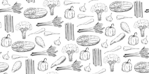 Seamless pattern with vegetables. Black and white background of vegetables. Engraving with cabbage, lettuce, eggplant, paprika, sweet potato, parsnip, rhubarb and garlic. Pattern for menu