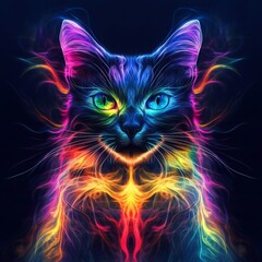 Colorful psychedelic cat portrait with vibrant flowing patterns and glowing cosmic background. Surreal yet elegant animal artwork for posters, music graphics, album art, and modern creative design.