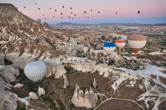 Balloons in rose valley, Cappadocia. Flights in Goreme. Turkey