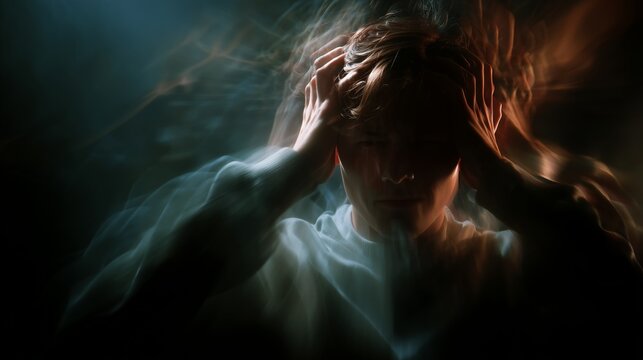 Silhouetted person holding head amid blurred light, conveying distress, anxiety and need for ptsd treatment and trauma recovery.