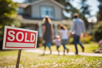 Obraz premium New Home, Family Walking, Sold Sign