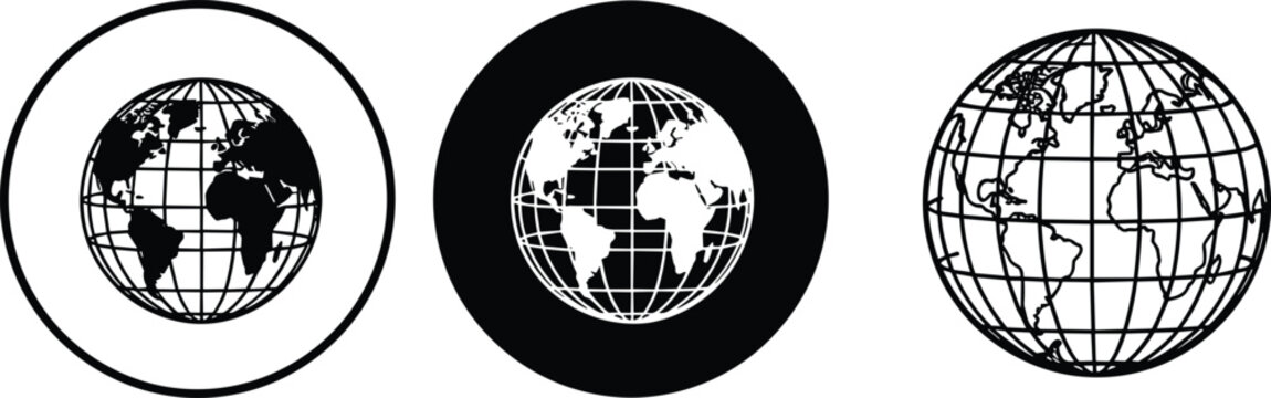 World globe icon set with latitude longitude grid earth map symbols in black and white vector illustration for global, travel, geography and web design