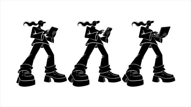 Woman Using Tablet, Smartphone and Laptop Silhouette Technology Illustration