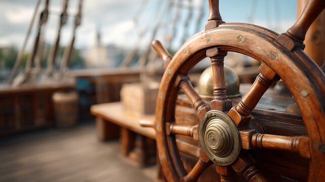 A close up view of a traditional wooden ship steering wheel on a sailing vessel deck