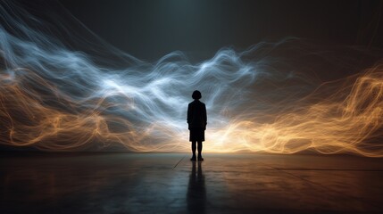 Fototapeta premium Silhouetted patient standing amid swirling light symbolizing trauma, memory and healing in a therapy context for ptsd treatment.
