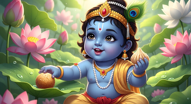 Adorable Baby Krishna Sitting in Lotus Pond with Traditional Indian Sweets Laddu and Modak, Hindu Deity Illustration