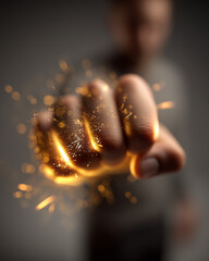 close-up of a hand with a clenched fist, with yellow sparks of energy