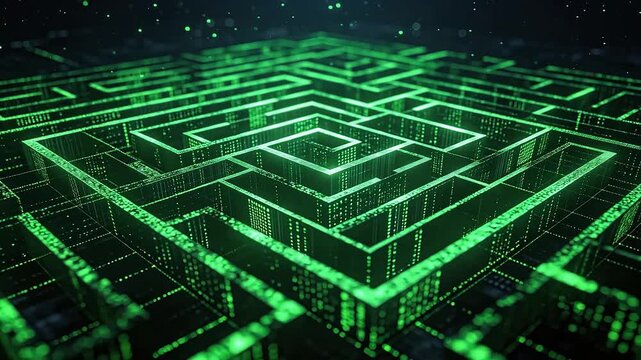 Digital maze with glowing green lines