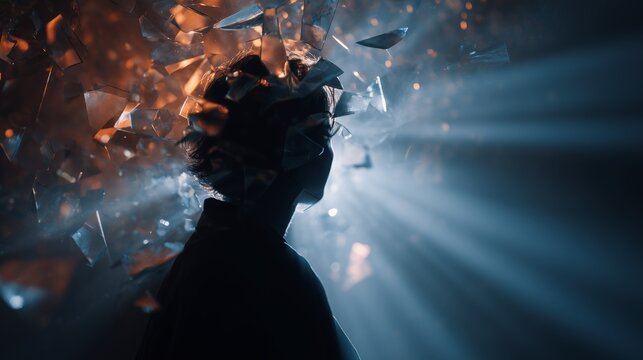 Silhouette of a person clutching head amid blurred light streaks, conveying intense head pain, migraine, stress and sensory overload.