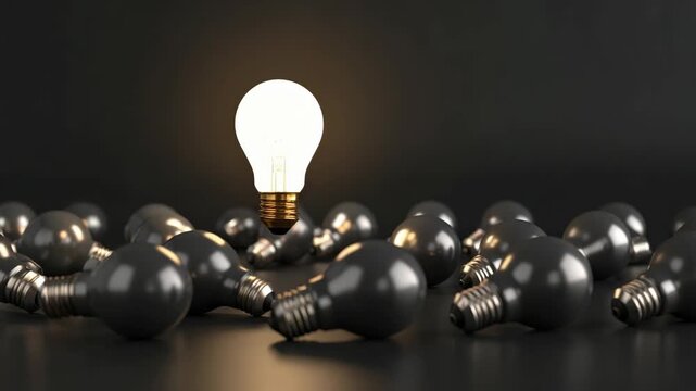 Glowing light bulb floating above a group of dark unlit bulbs symbolizing leadership and creative thinking