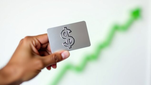 Mano sosteniendo una tarjeta de cr&eacute;dito con un signo de d&oacute;lar y una flecha de devoluci&oacute;n de efectivo, concepto de recompensa financiera