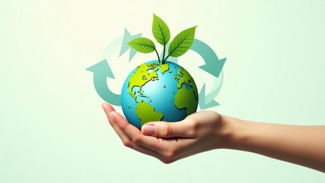 Una mano sostiene un globo verde con hojas que brotan de su superficie, rodeado de flechas de reciclaje en forma de bucle