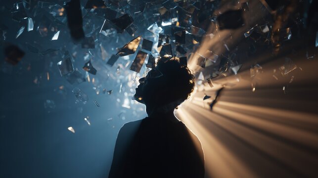 Silhouette of a person clutching head amid blurred light streaks, conveying intense head pain, migraine, stress and sensory overload.