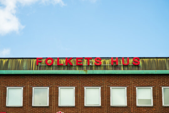M?lndal, Sweden - May 04 2025: Folkets Hus sign on rooftop against sky.