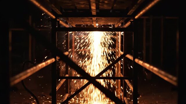 Bright orange welding sparks cascade downwards in industrial setting