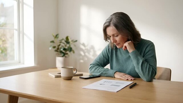 明るい朝のデスクに置かれた、ぼかし処理されたグラフ入り医療書類を確認する中高年のシーン。 人物は静かにうなずき、安心と自己管理の意識を表現します。 クリーンでニュートラルな室内と自然光が信頼感を演出。 広い余白があり、予防医療や保険広告に適した構図です。