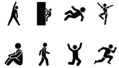 Human Activity Pictogram Icon Set Running Walking Climbing Jumping Stick Figure Silhouettes