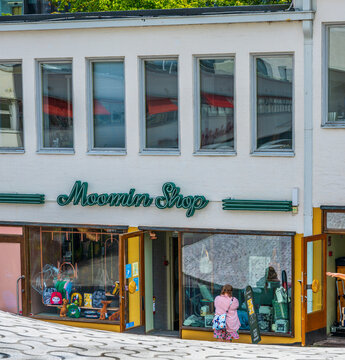 Helsinki, Finland - August 08 2025: Exterior view of Moomin themed retail shop.