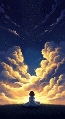 Fototapeta premium Little girl sitting on grass watching golden sunset clouds and starry night sky illustration 