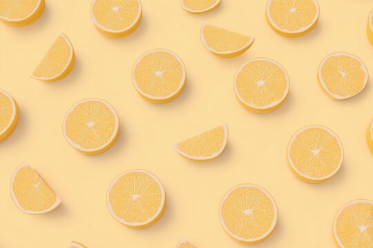 Sliced maprang and lemon wedges spread across a soft yellow surface in a simple arrangement