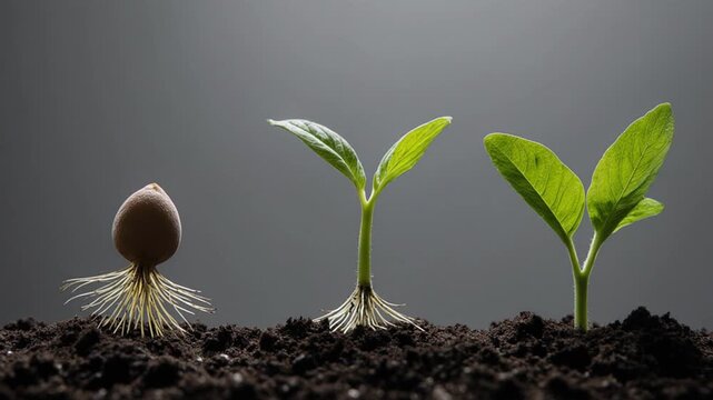Modular Bean Cycle. Plant Growth Stages (Time & Process Concept). Educational Process. A sequence of three bean plants at distinct growth stages (dormant seed, emerging sprout, and young leafy plant)

