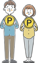 ポイントのコインを持つ夫婦　全身　ベクター