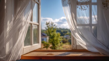Gentle breeze sheer curtains dancing in the Soft Sunlight". Sheer white curtains blowing through an open window. 