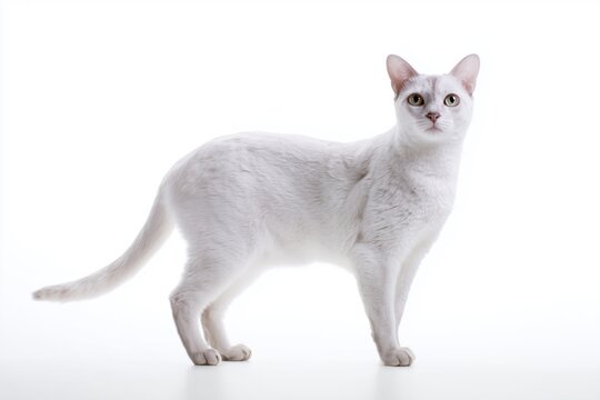 Burmilla cat stands on a white surface looking at the camera in a bright light