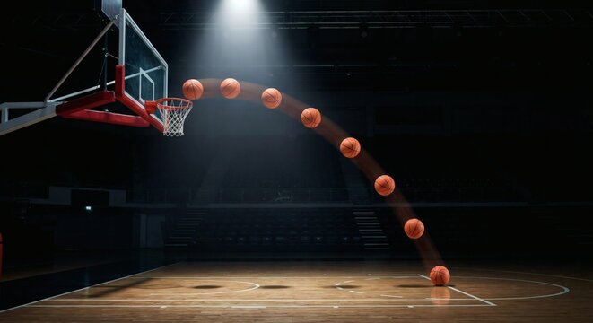 A sequence of basketballs in motion forming an arc towards a hoop in a spotlight-lit arena.