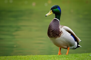 Obraz premium Mallard duck standing on the grass near a body of water in a park on a sunny day