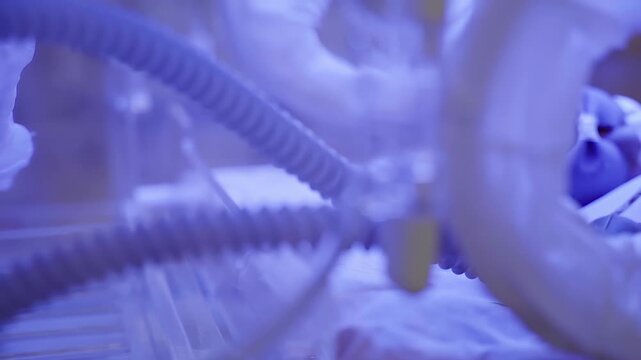 Closeup lovely little newborn baby infant lying in incubators for newborns, Newborn baby having the the breathing problem after birth, newborn in NICU, Neonatal intensive care unit.