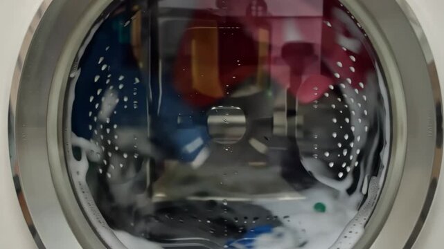 Washing Machine Drum Spinning Clothes Water Close-Up Laundry Loop