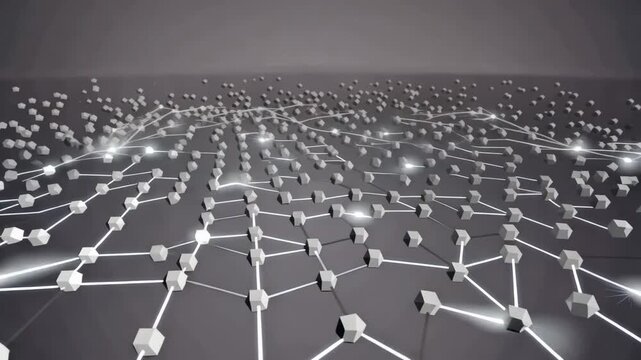 A 3d rendering of a network of interconnected white and gray geometric shapes on a dark gray background