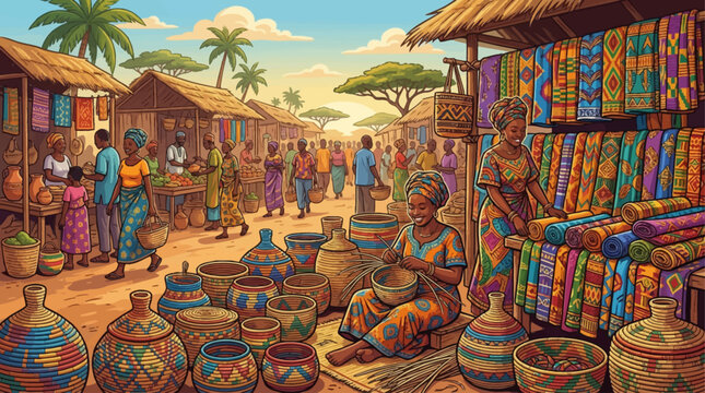 African Local Market and Textiles Vector