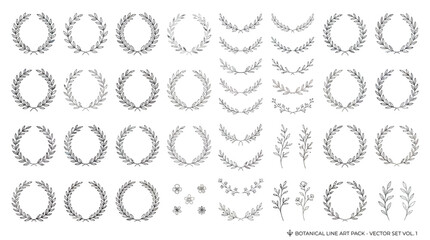 Collection of grayscale laurel wreaths in multiple sizes and styles for logos, branding, awards, and decorative design elements.