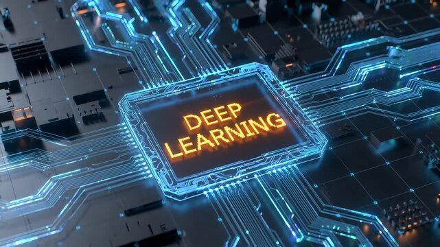 Futuristic deep learning chip glowing with orange text on a complex circuit board with blue light trails and glowing nodes representing data flow and artificial intelligence