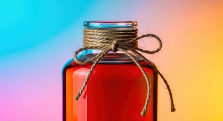 A glass container holding brown liquor with rustic twine wrapped around the neck, suggesting a handmade gift or a special vintage, drink, product, whiskey