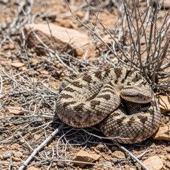 Naklejka premium A highly dangerous venomous pit viper snake coiled and camouflaged perfectly within the dry, arid brush and rocky terrain of the wilderness environment, rock, hidden, scrubland