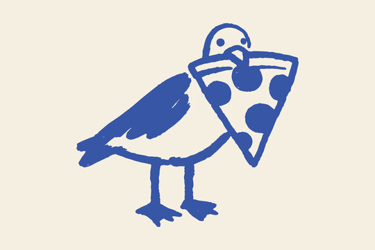 Seagull with pizza slice naive sketch vector illustration