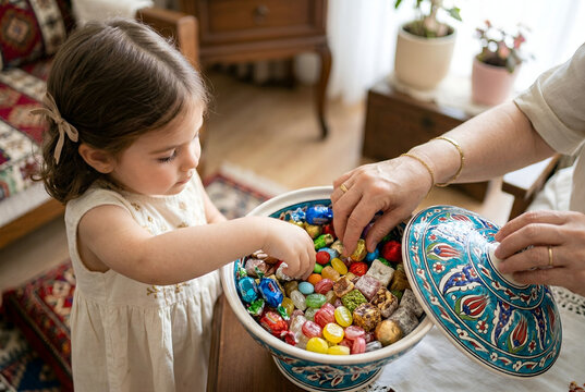 Cute little girl taking traditional colorful candies and Turkish delight from a ceramic bowl held by her grandmother during eid celebration