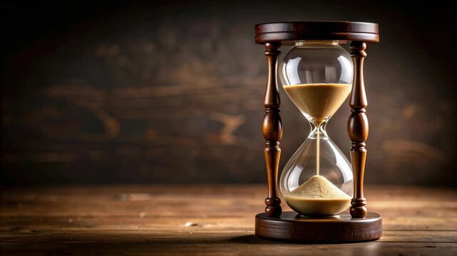 Vintage wooden hourglass with sand flowing through glass bulbs on a rustic wooden table in a dark room