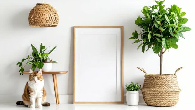 Minimalist living room interior with blank vertical poster frame mockup and ginger cat