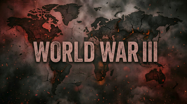 World War III text over a dark grunge map of the world with cracked burning earth and glowing embers